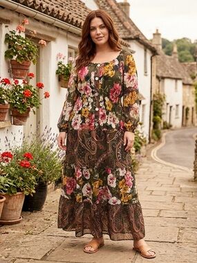 Olive Floral Tiered Maxi Dress with Pink & Yellow Blooms